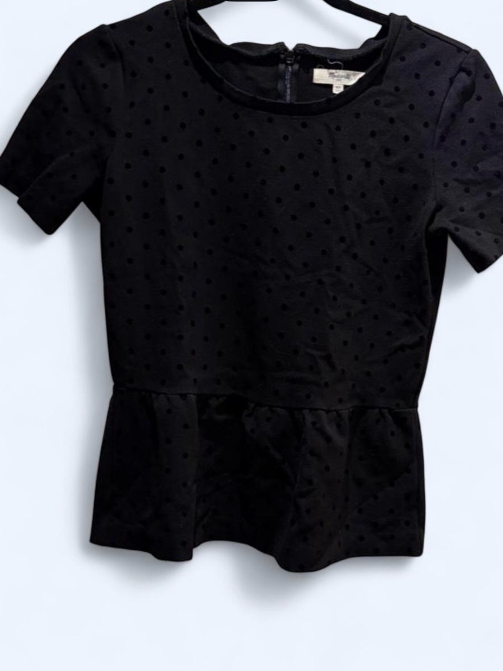 Madewell Black Short-Sleeve Peplum Top with Velvet Polka Dot Detail
